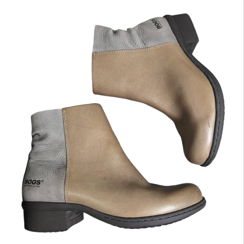 Bogs Carly waterproof leather & suede gray tan booties boots womens 6.5